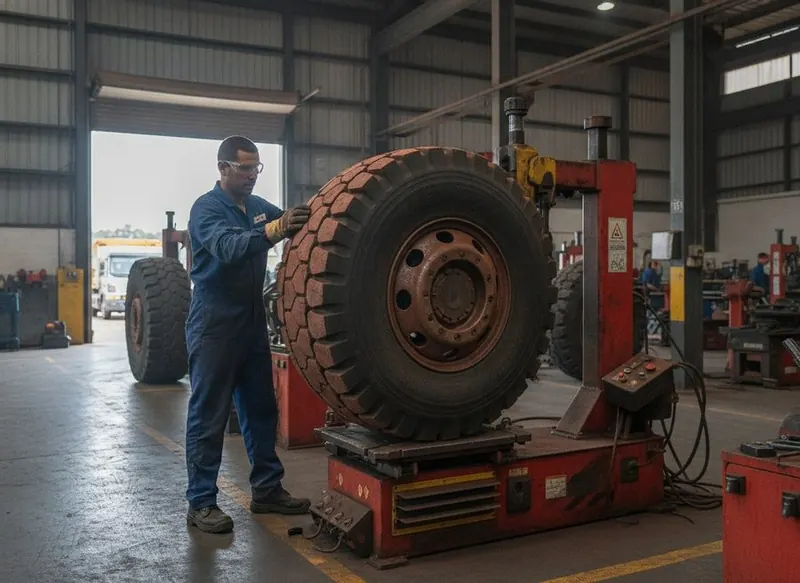 Técnico montando pneu de caminhão em oficina de frota